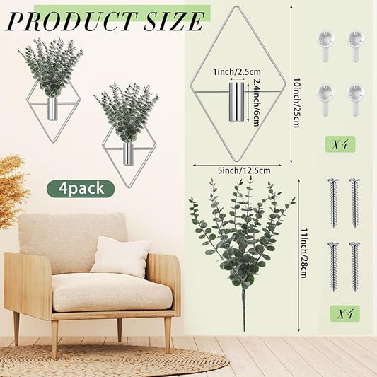 Jexine Hanging Planters with Artificial Eucalyptus Metal Hanging Vase Indoor Plants Holder Modern Geometric Boho Bathroom Wall Decor for Living Room Home Office(Chrome Sliver,8 Pcs)