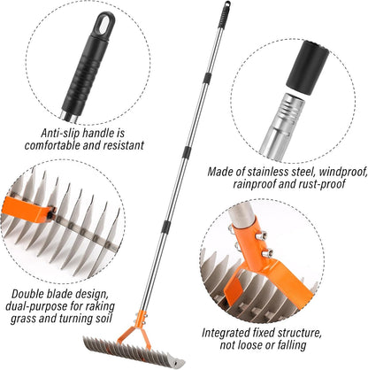 62" Adjustable Thatch Rake - 19-Tine Lawn Dethatcher with Nickel Steel Tines, Heavy Duty Ergonomic Handle for Spring Lawn Care, Soil Aeration & Yard Cleanup&Turf Renovation (Silver)