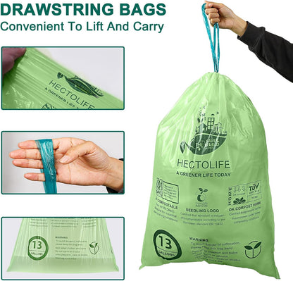 13 Gallon,200 Count, Compostable Trash Bags with Drawstring,Tear Resistant Kitchen Food Scrap Waste Bag, ASTM D6400, US BPI and Europe OK Compost Home Certified