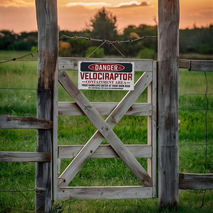 Warning Velociraptor Containment Area Sign, Danger Dinosaur Park Decor, Decorative Hanging Wood Plaque, Farmhouse Indoor Outdoor Decor, Door Gate Hanger, Novelty Sign