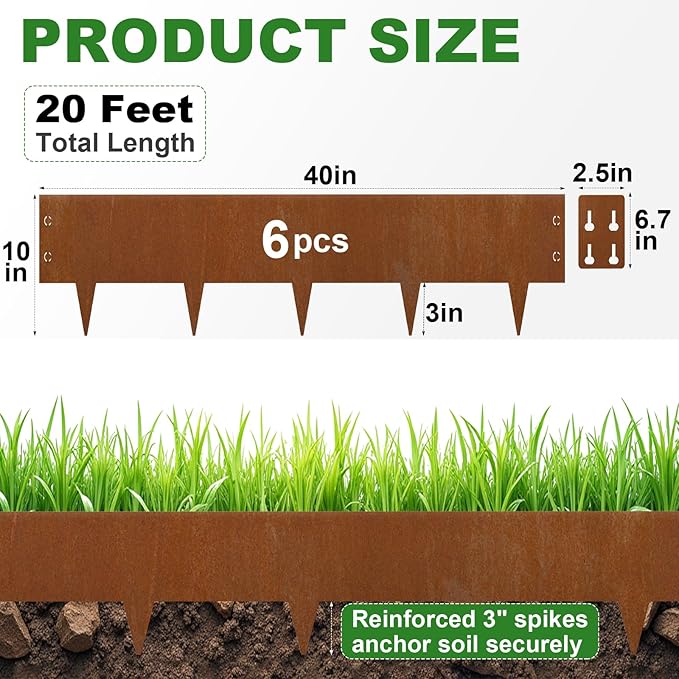Co-rten Steel Landscape Edging 10" H x 40" L, 6 Pack Heavy Duty Metal Garden Edging, 20Ft Pre-Rustyed Steel Edging, Bendable Metal Edging for Landscaping, Yard, Tree, Flower Bed