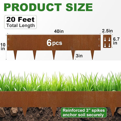 Co-rten Steel Landscape Edging 10" H x 40" L, 6 Pack Heavy Duty Metal Garden Edging, 20Ft Pre-Rustyed Steel Edging, Bendable Metal Edging for Landscaping, Yard, Tree, Flower Bed