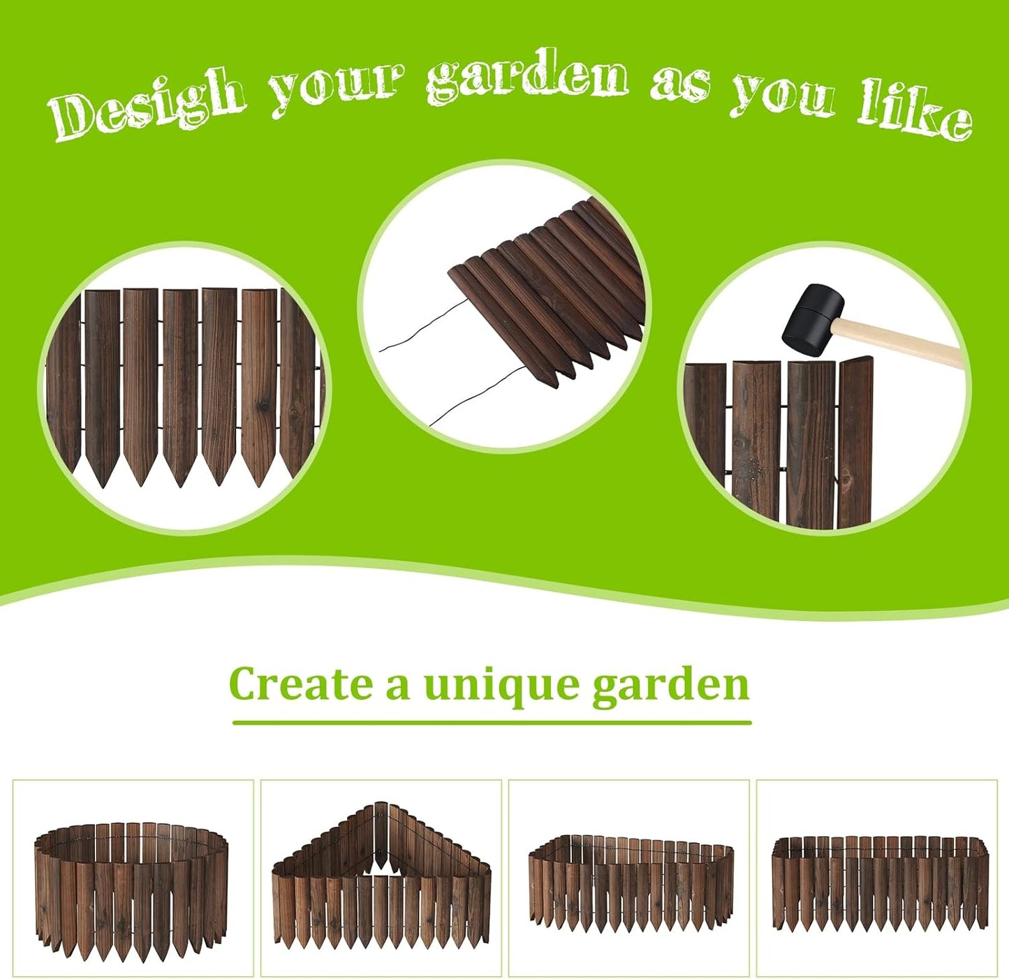 Wood Garden Edging Border Wooden Short Fence Landscape Edging Anti Corrosive Lawn Fence Border with Gloves Decorative Flower Bed Border for Yard Patio Pathway Tree Outdoor-47.2" L X 11.8" H (3PACK)