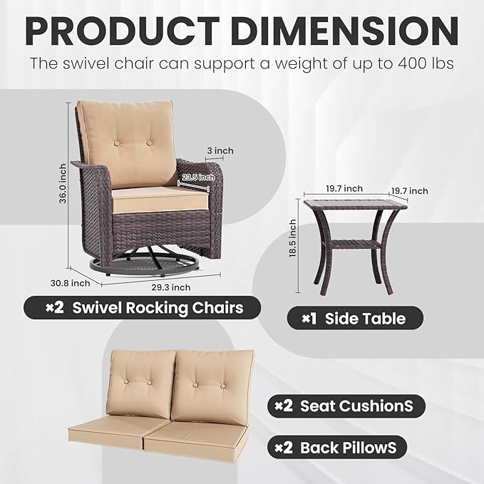 Gotland 3 Pieces Patio Set, Outdoor Swivel Chairs Set of 2 with 4'' Waterproof Cushions High Back Double-Layer Side Table, Wicker Rocking Patio Chairs Set of 2 for Balcony, Porch, Garden