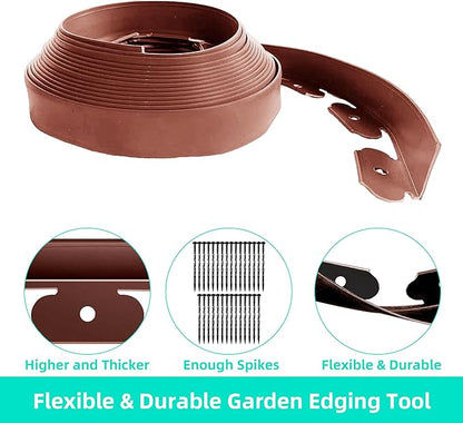 Landscape Edging Coil 33 FT, 2 Inch Tall Garden Edging Border Flexible Lawn Edging Kit with 30 Spikes, Plastic Edging for Landscaping Flower Beds Yard Pathway Paver Edging (2IN x 33FT, Brown)