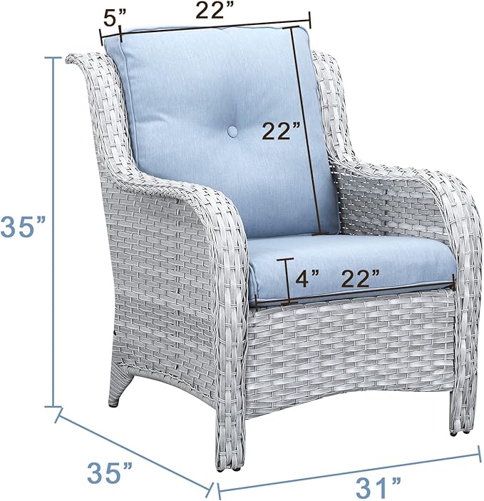 Rilyson Outdoor Patio Chairs Wicker Chair - 2PC Rattan Chairs Set with High Back and Deep Seating for Deck Porch Outside Garden(Light Grey/Sky Blue)