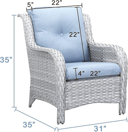 Rilyson Outdoor Patio Chairs Wicker Chair - 2PC Rattan Chairs Set with High Back and Deep Seating for Deck Porch Outside Garden(Light Grey/Sky Blue)
