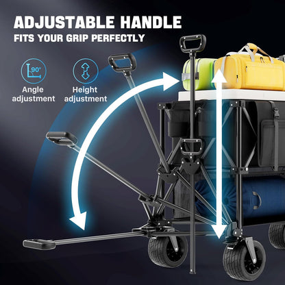 400L Double Decker Folding Wagon Cart, Heavy Duty 560LBS Capacity Utility Cart with Brake, Collapsible Wagon with All-Terrain Big Wheels for Beach, Camping, Picnic, and Outdoor Use – Black