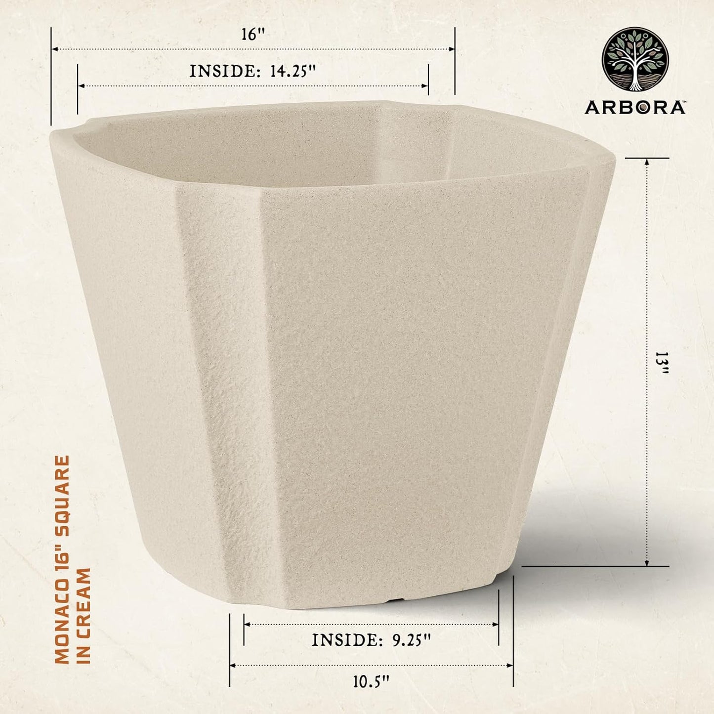 ARBORA 16" Monaco Square Polyresin Indoor and Outdoor Planter with Classic Cream Finish - Durable, Weatherproof, Lightweight, Large Plant Pot for Patio, Garden, Deck, Entryway