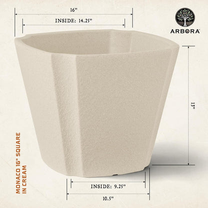 ARBORA 16" Monaco Square Polyresin Indoor and Outdoor Planter with Classic Cream Finish - Durable, Weatherproof, Lightweight, Large Plant Pot for Patio, Garden, Deck, Entryway