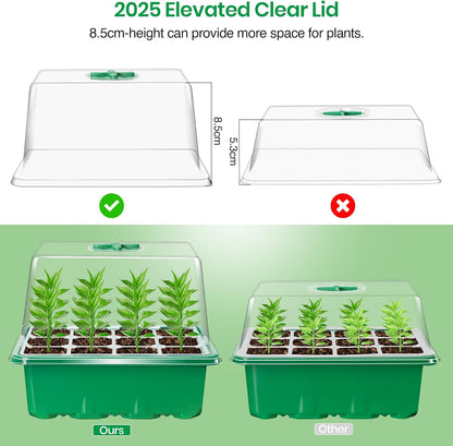 Bonviee 5 Packs Seed Starter Tray with Plant Light, Elevated Seedling Starter Trays Kits with Adjustable Humidity Domes and Clear Cell Tray, 12 Full Spectrum led lamp Beads for Plants Indoor-Green
