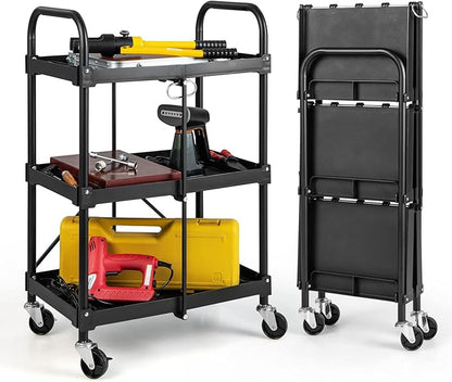 Goplus Folding Utility Cart on Wheels, 250lbs 3-Tier Rolling Tool Cart w/Lockable Casters & Compartments, Fast Fold up Collapsible Metal Service Cart for Office, Garage, Kitchen, Black