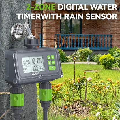 RAINPOINT 2 Zone Smart Water Timer for Garden Hoses - Lawn Sprinkler Timers with Up to 3 Preset Programs, Rain Delay Sensor, Smart Water Hose Timers, Drip Irrigation Timer for Garden Watering System
