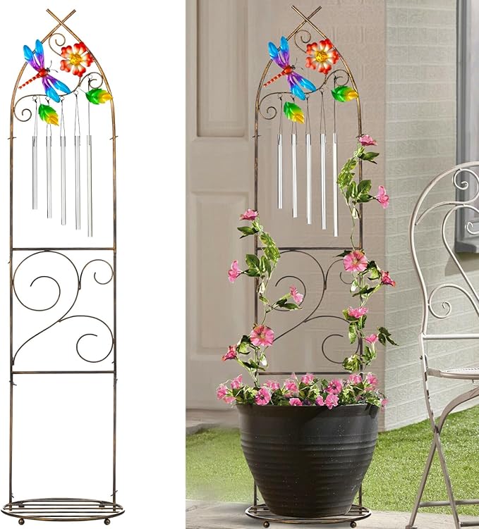 Garden Trellis with Plant Stands, 48” Metal Detachable Dragonfly Plant Pot Trellis with Wind Chimes for Climbing Plants Outdoor Lawn Patio Porches Decor