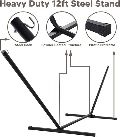 SUNCREAT 55 Inch Extra Large Double Hammock with 12 ft Stand, 475lbs Capacity, Outdoor Portable Hammock with Hardwood Spreader Bar, Extra Large Pillow, Brown