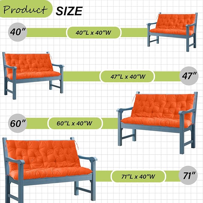 Swing Replacement Cushions with Backrest, 2 or 3 Seater Waterproof Non-Slip Overstuffed Swing Pad, Indoor/Outdoor Bench Cushion for Porch Chair Garden Furniture (Orange, 40 * 71 in)