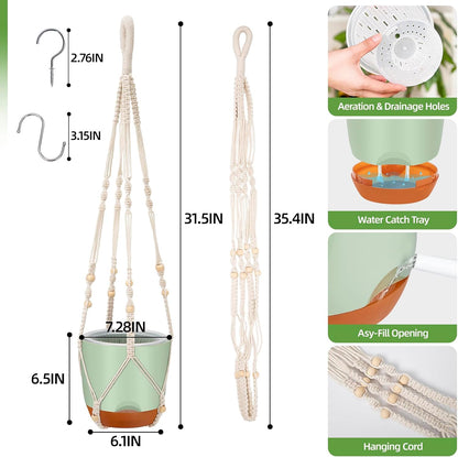 2-Pack 7.2-Inch Self-Watering Hanging Planters for Indoor & Outdoor Plants,34-Inch macrame hanger plant pots indoor with drainage,Small Hanging Planters & Baskets in Green,With two sets of hooks