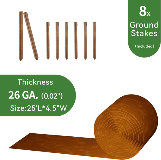 Worth Galvanized Steel Landscape Edging 4.5" x25' Metal Garden Edging Roll Flexible Bender Border with 8Pcs Stakes for Lawn, Flower Bed Edges, Rust-Like Color