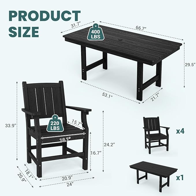 Pamapic 5-Piece Outdoor Dining Set, HDPE Outdoor Rectangular Table and 4 Chairs, Wood Grain Patio Furniture Sets with Armrest, All-Weather Patio Dining Table with Umbrella Hole, Black