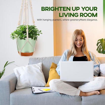 2-Pack Self-Watering Hanging Planters for Indoor & Outdoor Plants,34-Inch macrame hanger plant pots indoor with drainage,5.7-Inch Small Hanging Planters & Baskets in Green,With two sets of hooks