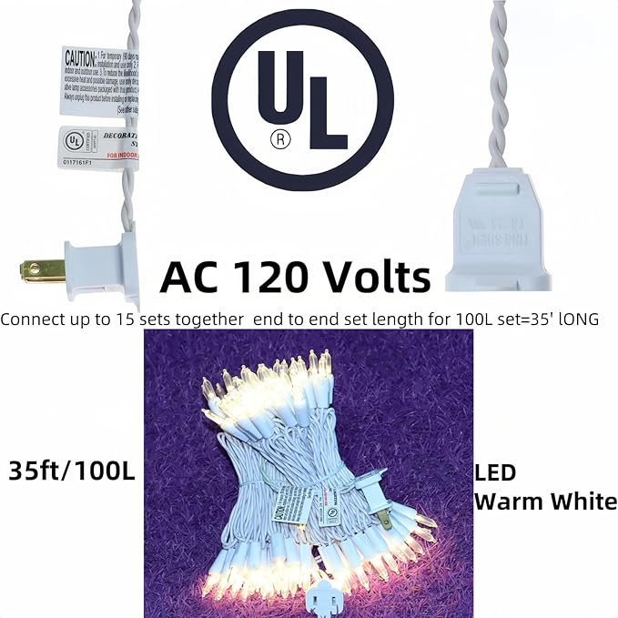 100 LED Warm White Christmas Lights, UL Certified and Commercial Grade White Wire String Lights 35 FT, for Indoor and Outdoor Christmas Trees, Party, Garden, Patio.