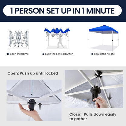 Shades 10x10 Pop Up Canopy with One Push Setup,Heavy Duty Beach Tent with Wheels for Easy Moving, Sun Shelter for Parties,Events, Outdoor Gazebo with 420D Coated Waterproof Blue Fabric