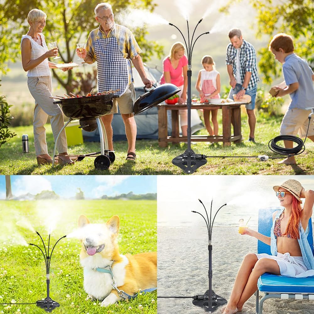 UR Forest Updated Standing Misting Cooling System 26FT Misting Line + 4 Brass Misting Nozzles,4 Height Option, Stand Mister Hose for Outside Outdoor Patio, Pet Cooling, Kids Water Playing