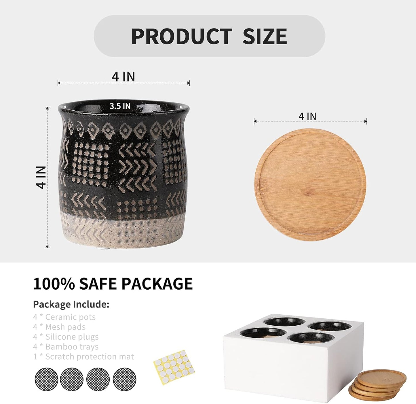 OMAYKEY 4 Inch Ceramic Plant Pot with Tray, Retro Black Small Planters Pots with Drainage Hole & Mesh Pads for Succulent, Indoor Flowers, Snake Plants, Cactus, Herbs, Aloes - 4 Packs