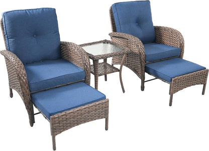 5 Piece Patio Furniture Set - Wicker Balcony Furniture Set with Hidden Ottomans, Rattan Outdoor Patio Chairs with Side Table for Porch Deck Poolside Garden Brown/Blue
