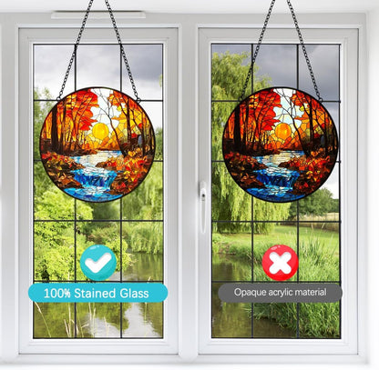 Fall Decor Sunset Suncatcher Stained Glass Window Hanging - Handmade Sun Catchers Indoor Window Decor with Tree and River - Stain Glass Christmas Decorations Panels - Birthday Gift for Women Men Mom