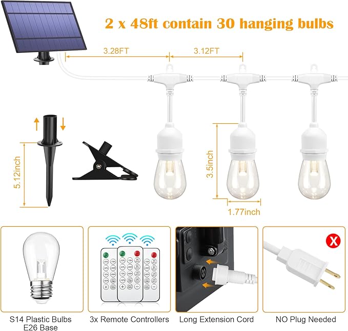 Mlambert 96FT(2x48FT) 3-Color in 1 Dimmable Solar String Lights Outdoor, Remote Patio String Lights with 30+5 LED Bulbs for Pergola Outside-White Cord