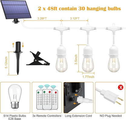 Mlambert 96FT(2x48FT) 3-Color in 1 Dimmable Solar String Lights Outdoor, Remote Patio String Lights with 30+5 LED Bulbs for Pergola Outside-White Cord