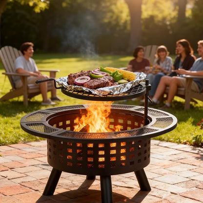36 inch Outdoor Fire Pit with Grill,Wood Burning Fire Pits for Outside with Lid & Fire Poker,Metal 3-in-1 Firepit Table with Cooking Grate,Outdoor Firepit for Yard,Bonfire,Patio(Charcoal)