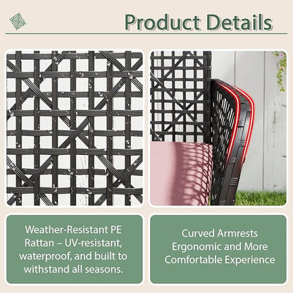 4-Piece Patio Furniture Set, Weather-Resistant Rattan Patio Conversation Set with Two-Tier Coffee Table, Upholstered Openwork Wicker Furniture for Porch, Garden, Lawn, Red