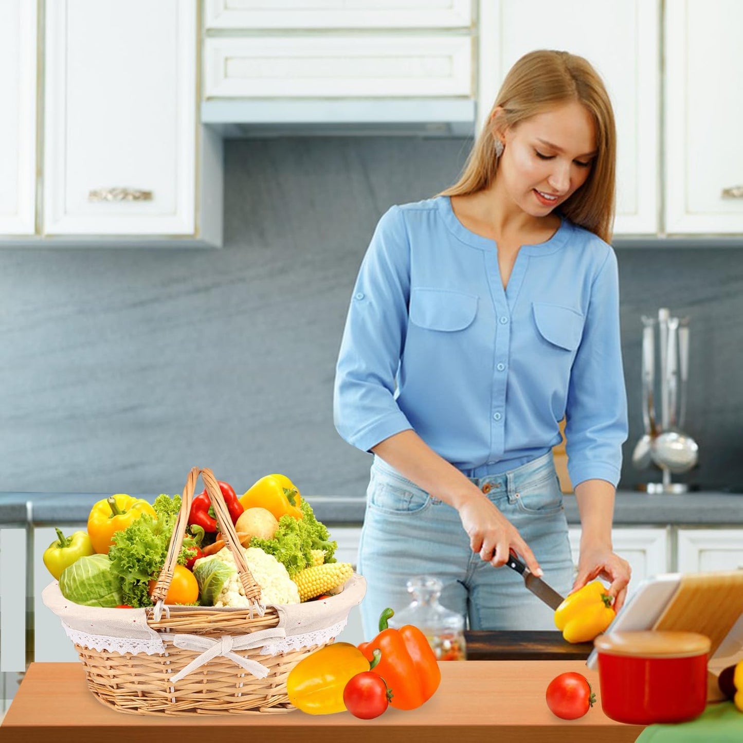 2 Pack Medium Size Wicker Basket with Handle, 12.6x9x4.7 inch Wicker Picnic Basket with Liner, Empty Gift Basket, Oval Willow Woven Basket for Fruit, Candy, Gathering, Wedding, Picnic, by,GNIEMCKIN