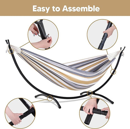 SUNCREAT 2 Person Hammock with Stand, Heavy Duty Free Standing Hammock with Stand Included, Coffee Stripes