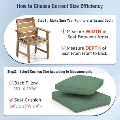 Outdoor Chair Cushions 23" x 24" x 4", Patio Deep Seat Replacement Cushions Set with Zippered Removable Cover, Weather-Resistant Olefin Fabric for Garden Chair Sofa Couch, Set of 2, Green