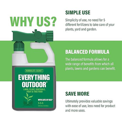 Humboldts Secret Everything Outdoor Plant Food | 5-5-5 Liquid Fertilizer with Norwegian Kelp | All Purpose Lawn, Vegetable & Fruit Food | Garden Nutrients | Refillable Hose End Bottle | 32 Ounce