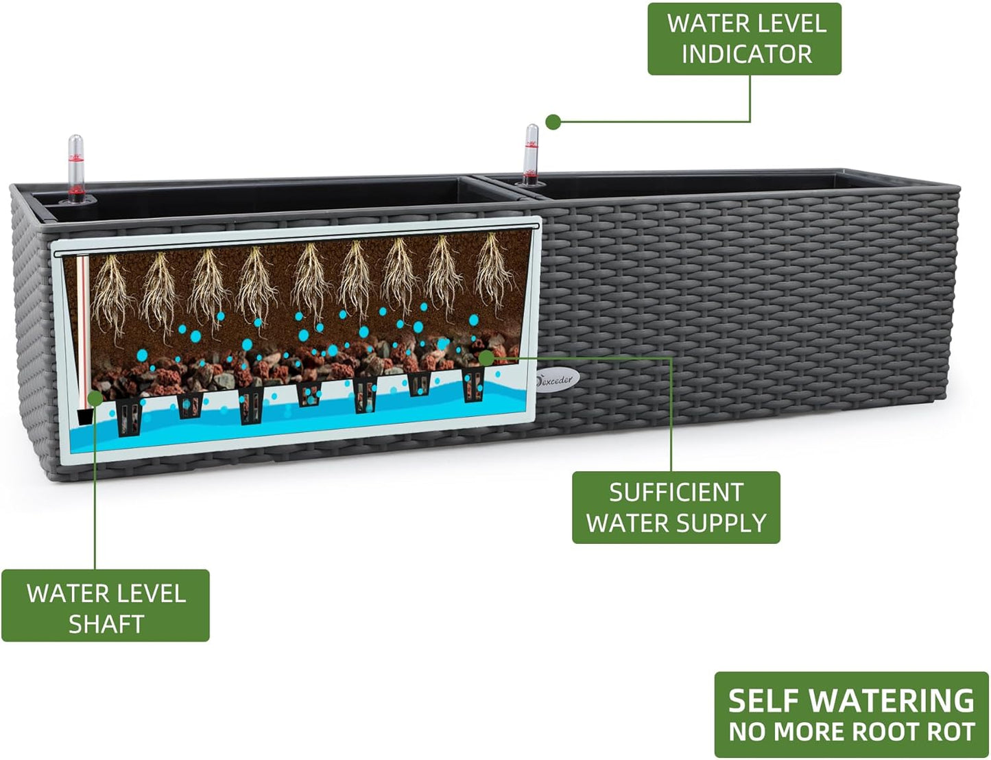 Dexceder 31.5 Inch Rattan Self Watering Planter Indoor Outdoor, Thickened Large Rail Flower Plant Pot Window Box with Water Level Indicators (Deep Gray)