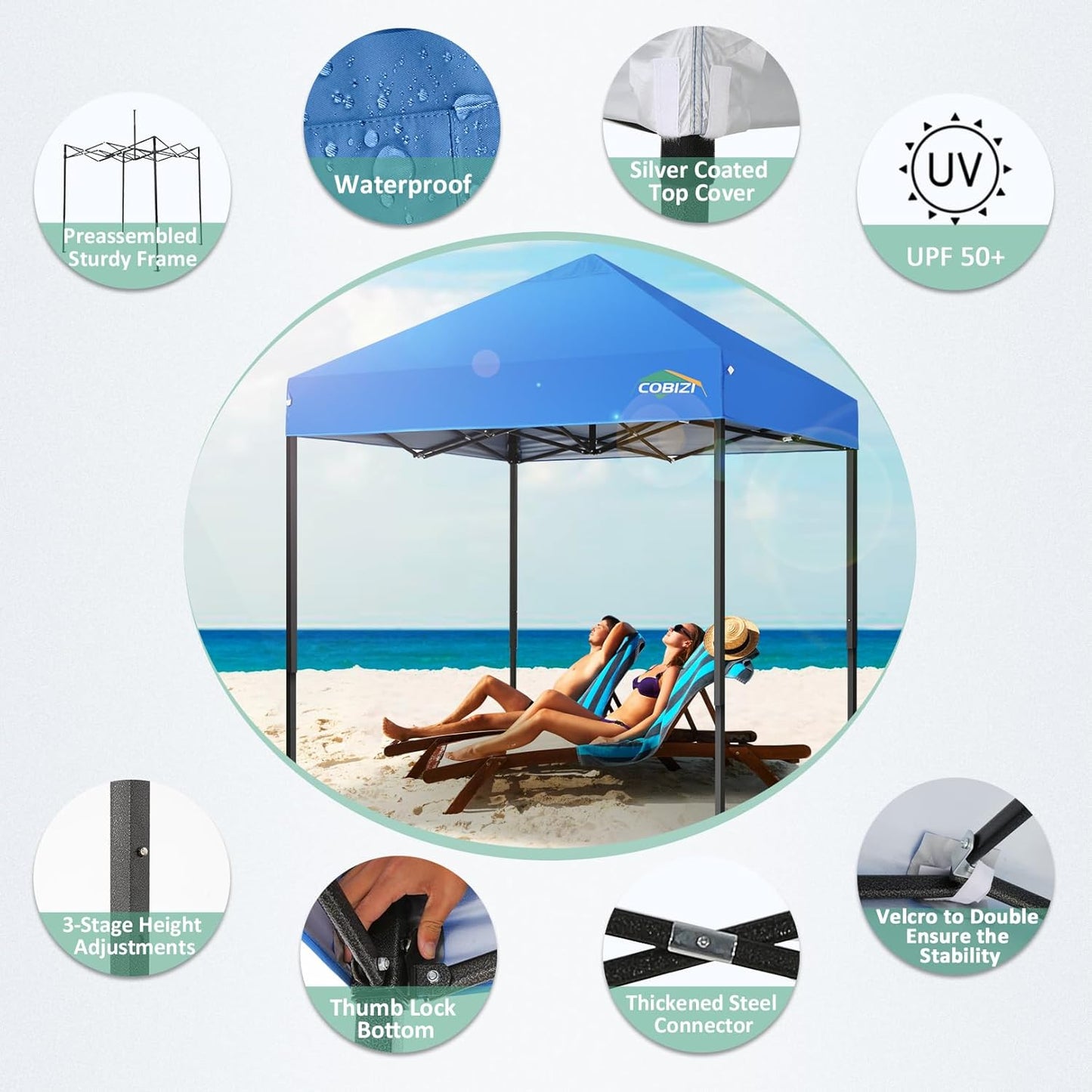 COBIZI 6.6x6.6ft Pop Up Canopy Tent, Heavy Duty Canopy Easy Set up All Weather Waterproof Outdoor Canopy Tent for Parties, Beach, Garden, Camping with 1 Handbag, 3 Adjustable Heights, UPF50+, Blue