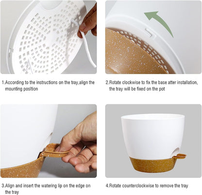 10/9/8 inch Self Watering Pots, Set of 3 Plastic Planters with Mesh Drainage Holes and Deep Reservoir for Indoor Outdoor Garden Plants and Flowers, White with Brown