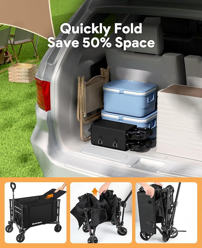 3 in 1 Collapsible Wagon Converts to Bench, 220lbs Foldable Wagon Cart with Wheels, 120L Shopping Cart for Groceries Folding Utility Wagon for Beach, Garden, Camping, Sport, Black