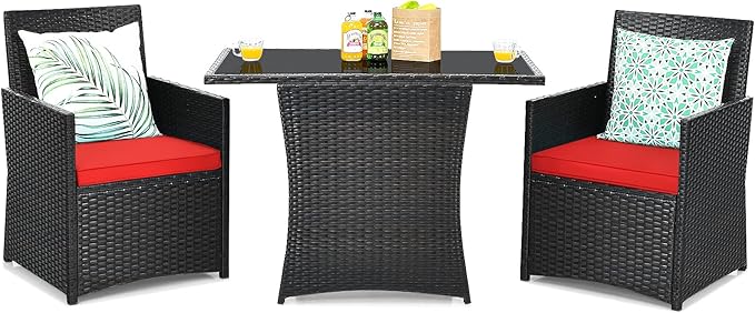 Tangkula 3 Pieces Patio Dining Set, Space-Saving PE Rattan Bistro Set with Tempered Glass Top Table and Cushioned Chairs, Outdoor Conversation Set for Garden Backyard Poolside Porch (Red)