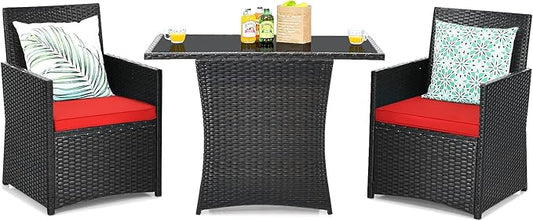 Tangkula 3 Pieces Patio Dining Set, Space-Saving PE Rattan Bistro Set with Tempered Glass Top Table and Cushioned Chairs, Outdoor Conversation Set for Garden Backyard Poolside Porch (Red)