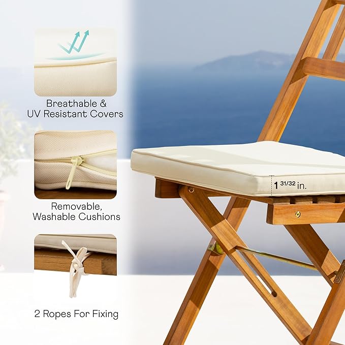 IDZO Serene Bistro Set – 2-Piece Foldable Acacia Wood Chairs with Cushions, FSC-Certified Durable Construction, Space-Saving Outdoor Seating for Balcony, Garden, Patio, or Porch