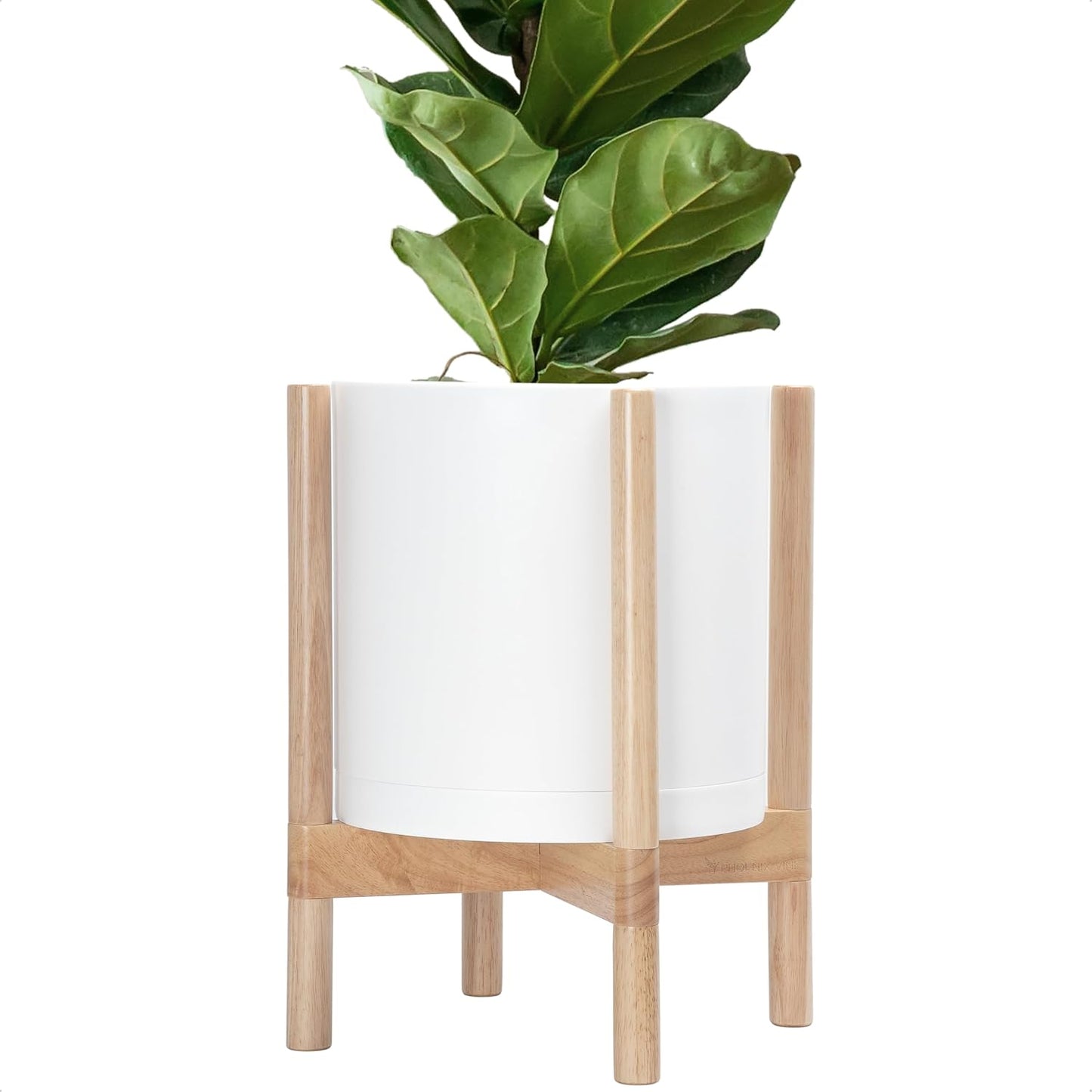 D'vine Dev Planter Pot with Stand - 12 Inch Plastic Cylinder Flower Pot with Wood Planter Holder for Indoor, Matte White Pot + Natural Stand, 55-C-P-1