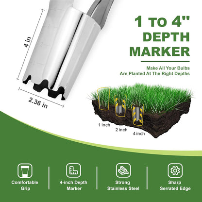 Haliaeetus Bulb Planter Tool, 4 inches Depth Mark Hand Bulb Planter, Non-Bending Stainless Steel Bulb Planter Digger, Garden Bulb Transplanter with Comfortable Wood Handle for Planting Tulip, Daffodil
