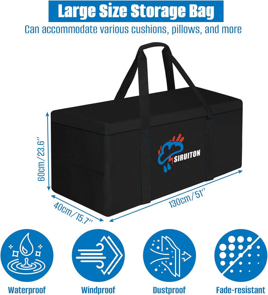 SIRUITON 51.2”L x 15.7”W x 23.6”H Outdoor Cushion Storage Bag,Patio Furniture Cushion Storage Bag,Heavy Duty Rip Proof 600D Oxford,with Handle and Zipper of Waterproof Garden Cushion Storage Covers