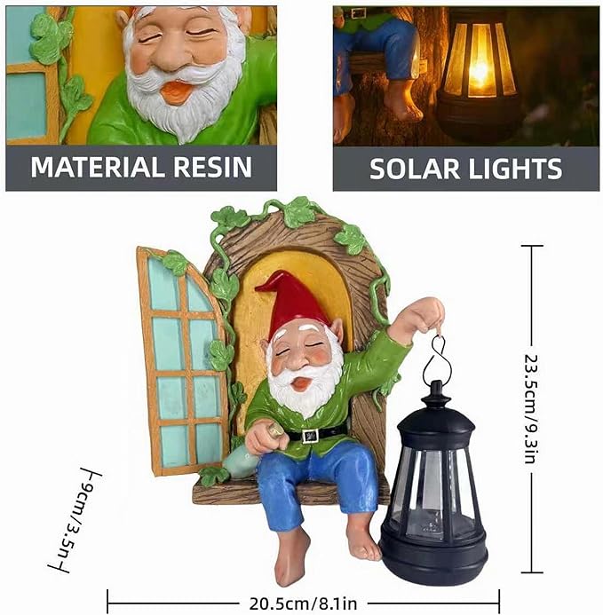 Gnome Statues Solar Lantern Whimsical Elf Out The Door Tree Hugger Figurines Tree Faces Decor Outdoor Fairy Garden Wall Art Decorations for Yard Patio Fence Ideal Gifts