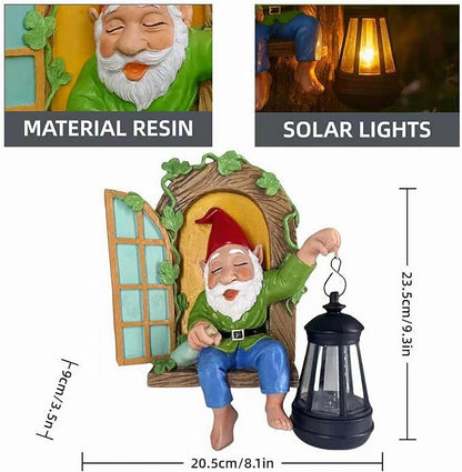 Gnome Statues Solar Lantern Whimsical Elf Out The Door Tree Hugger Figurines Tree Faces Decor Outdoor Fairy Garden Wall Art Decorations for Yard Patio Fence Ideal Gifts